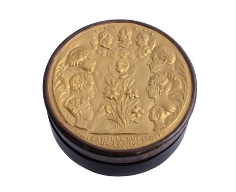 A French wood and gilt metal circular bonbonniere box  A French wood and gilt metal circular bonbonniere box,   the cover wit
