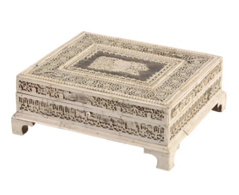 A George III carved bone faced counter box, circa 1800, of rectangular form  A George III carved bone faced counter box,   ci
