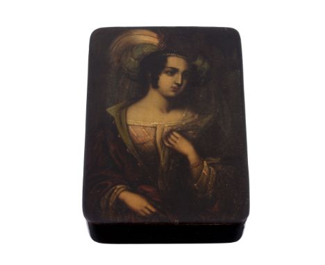 A German papier mache rectangular snuff box by Stobwasser's Fabrik, circa 1830  A German papier mache rectangular snuff box b