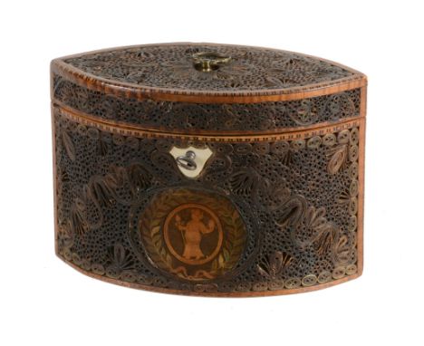 A George III paperscroll decorated pine tea caddy, late 18th cntury  A George III paperscroll decorated pine tea caddy,   lat