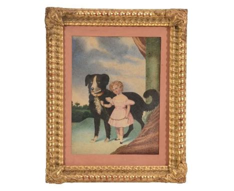 English School (19th Century) - Portrait of a young girl with a newfoundland dog Watercolour over graphite 25 x 19 cm. (9 3/4