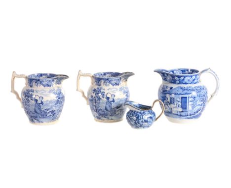 Four various British blue and printed pottery jugs, first quarter 19th century  Four various British blue and printed pottery