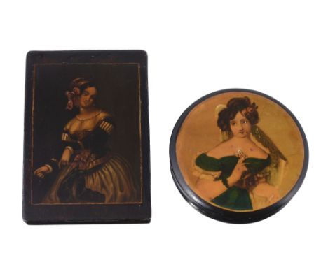 A paper mache circular snuff box, circa 1830  A paper mache circular snuff box,   circa 1830, the cover printed and painted w