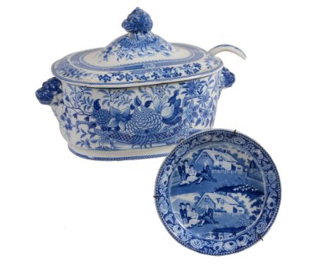 A Staffordshire pearlware blue and white printed shaped oval tureen  A Staffordshire pearlware blue and white printed shaped 