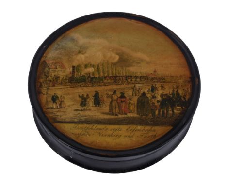 A German papier mache circular snuff box, circa 1835  A German papier mache circular snuff box,   circa 1835, the cover with 