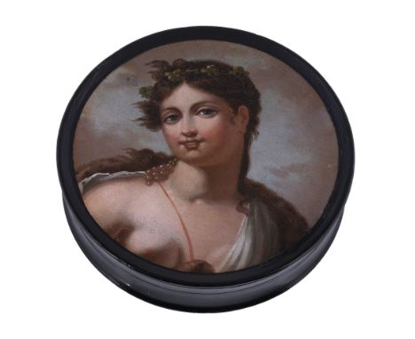 A papier mache circular snuff box, circa 1820  A papier mache circular snuff box,   circa 1820, the cover painted with the po