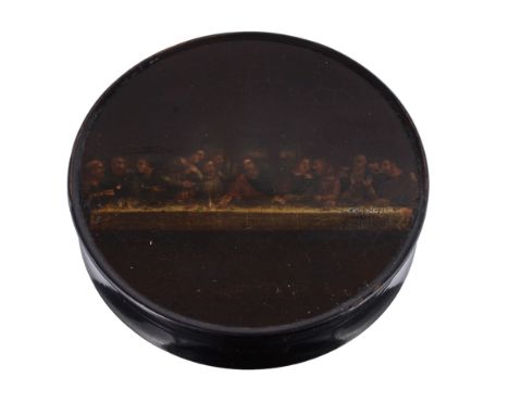 A German papier mache circular snuff box, circa 1820  A German papier mache circular snuff box,   circa 1820, the cover paint