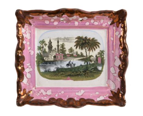 A Sunderland pink lustre shaped rectangular plaque, first half 19th century  A Sunderland pink lustre (Dixon  &  Co.) shaped 