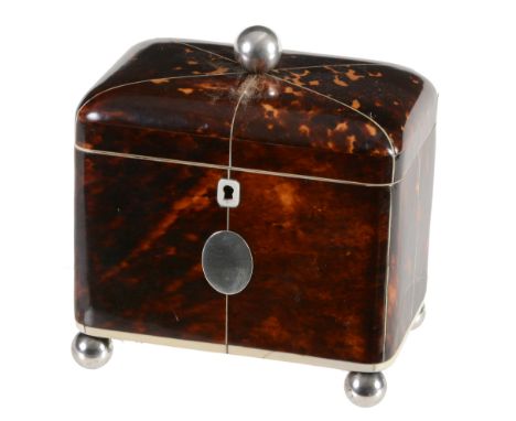 A late George III tortoiseshell veneered and ivory banded tea caddy, circa 1800  A late George III tortoiseshell veneered and