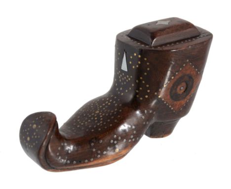 A mid Victorian laburnum shoe snuff box, with a turned up toe  A mid Victorian laburnum shoe snuff box,   with a turned up to