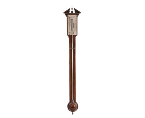 A 19th century mahogany stick barometer, with silvered brass register and...  A 19th century mahogany stick barometer,   with