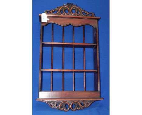 MAHOGANY WALL HANGING DISPLAY SHELF 
together with a milking stool 