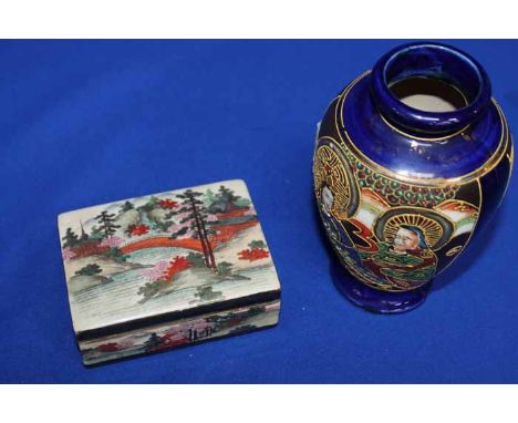 SATSUMA TRINKET BOX AND COVER
of rectangualr form, and a Japanese Satsuma vase (2)