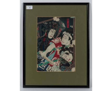 LATE EDO/EALRY MEIJI PERIOD JAPANESE WOODBLOCK PRINT
THREE KABUKI ACTORS IN A BATTLE SCENE
oban woodblock print on paper, cir