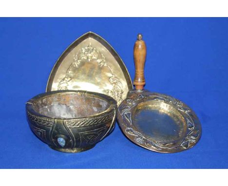 LOT OF BRASSWARE
including an Arts and Crafts bowl, dishes, a bell and an oil lamp