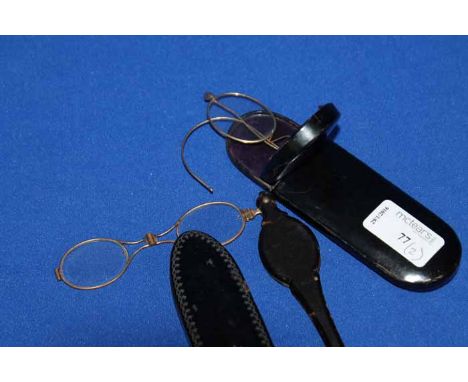 PAIR OF VINTAGE LORGNETTES AND A PAIR OF SPECTACLES
lorgnettes in fan shaped tortioseshell; together with a pair of gold plat
