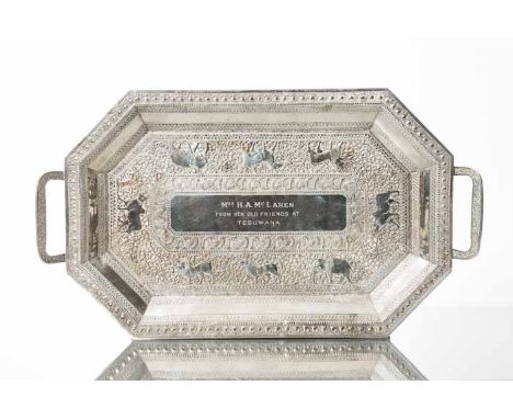 CEYLONESE WHITE METAL SERVING TRAY
embossed and chased with geometric borders and scrolling panels with animal figures, engra