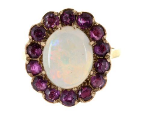 AN OPAL AND RUBY CLUSTER 9CT GOLD RING. LONDON 1978, 5.26G, SIZE O ++GOOD CONDITION