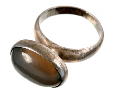 GEORG JENSEN. A SILVER AND STONE CABACHON RING, MID 20TH C, MAKER'S MARK, 8.2G ++GOOD CONDITION WITH A FEW LIGHT SCRATCHES, C