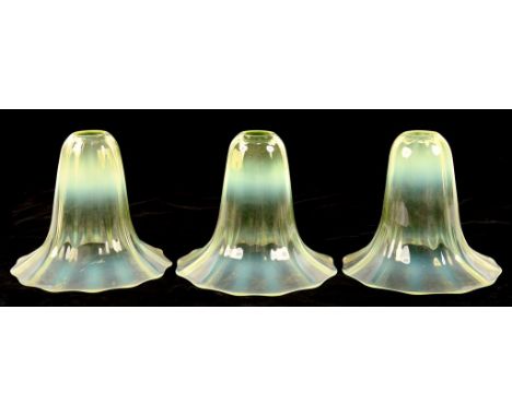 THREE SIMILAR SEMI OPALESCENT GLASS ELECTRIC PENDANT LIGHT SHADES, EARLY 20TH C, 14CM H ++GOOD CONDITION 
