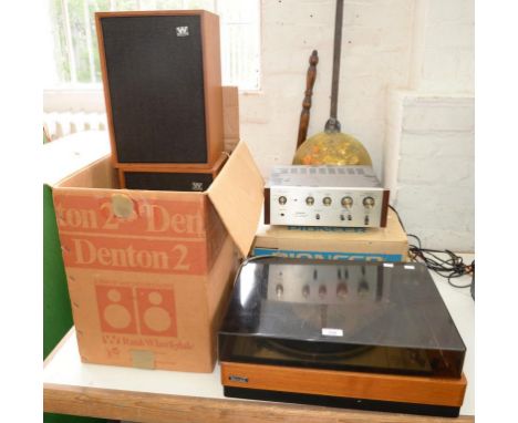 PIONEER STEREO AMPLIFIER SA-500A, A PAIR OF WHARFEDALE SPEAKERS AND A GOODMANS TURNTABLE 