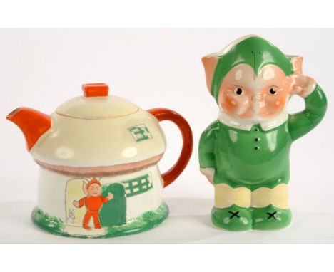 MABEL LUCIE ATTWELL. A SHELLEY CHILD'S TEAPOT AND COVER AND 'BOO BOO' ELF FORM MILK JUG, C1925, 15CM H, PRINTED MARK AND RD 7