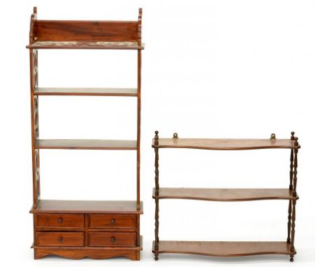 A SET OF VICTORIAN SERPENTINE MAHOGANY HANGING SHELVES, 63CM W AND ANOTHER ITEM OF LATER DATE (2)