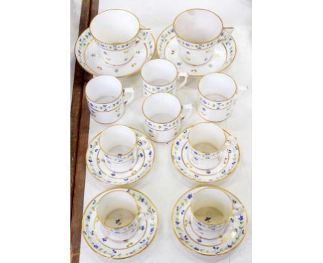 A SET OF EIGHT SAMPSON HANCOCK COFFEE CANS AND FOUR SAUCERS AND A PAIR OF MATCHING BREAKFAST CUPS AND SAUCERS, ENAMELLED WITH