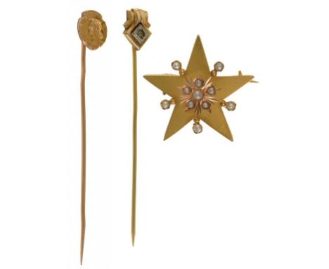 LATE VICTORIAN, TWO STICK PINS, AND A PEARL & GOLD STAR BROOCH, 4G