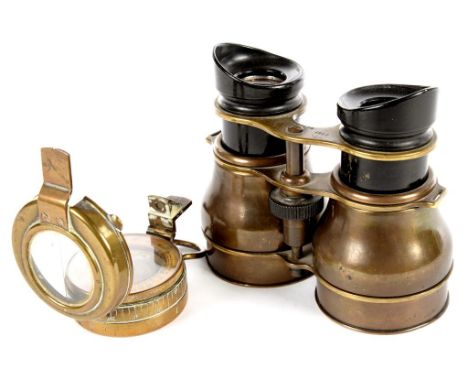 PAIR OF BRASS MILITARY BINOCULARS, MARKED BROAD ARROW, 2387 AND 6E/338, C1900 AND A BRASS PRISMATIC COMPASS