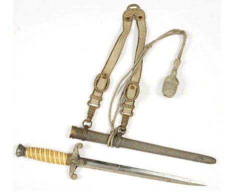 A GERMAN, THIRD REICH, ARMY DAGGER AND SHEATH WITH METAL MOUNTED BULLION THREAD HANGER AND KNOT, ETCHED ALCOSA SOLINGEN TRADE