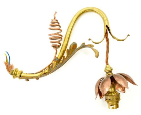 A W. A. S. BENSON COPPER AND BRASS EARLY ELECTRIC WALL LIGHT, C1900, 25CM PROJECTION ++GOOD CONDITION 