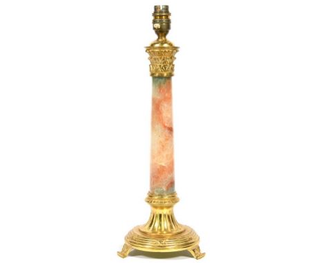 A BRASS MOUNTED TURNED FLUORSPAR LAMP, 34CM H, EXCLUDING FITMENT 