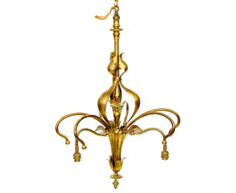AN ARTS AND CRAFTS BRASS CHANDELIER, C1900, OF THREE LIGHTS, 80CM H INCLUDING HOOK ++ORIGINALLY FOR GAS AND LATER CONVERTED F