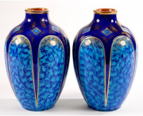A PAIR OF SARREGUEMINES SHOULDERED OVIFORM VASES, C1920, IN TURQUOISE AND COBALT GLAZES, HEIGHTENED IN GILT, 19CM H, IMPRESSE