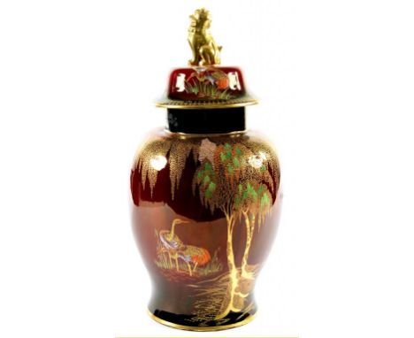 A CARLTON WARE ROUGE ROYALE TEMPLE JAR AND COVER, C1950, NEW STORK PATTERN, 50CM H, PRINTED MARK, ORIGINAL PAPER LABEL NUMBER