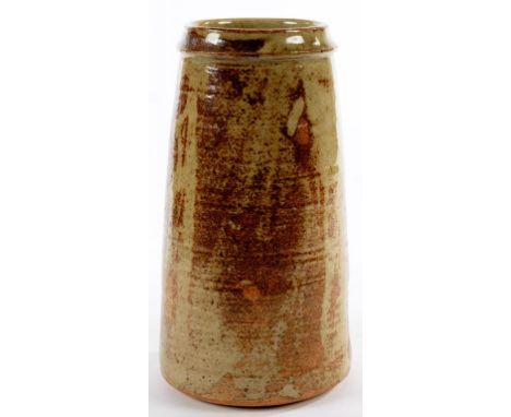 BERNARD LEACH (1887 - 1979), STONEWARE VASE, OF 'CHIMNEY POT' FORM WITH CELADON AND BUFF GLAZES, 28CM H, IMPRESSED ST IVES AN