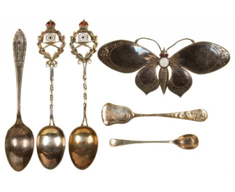 MISC. SILVER ARTICLES, INCLUDES SPOONS, & A BUTTERFLY BROOCH SET WITH AN OPAL, 80G ++GOOD CONDITION