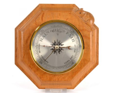 A MOUSEMANN OAK BAROMETER, LATE 20TH C, OCTAGONAL WITH GERMAN ANEROID BAROMETER, 23CM W, CARVED MOUSE 'SIGNATURE' ++GOOD COND
