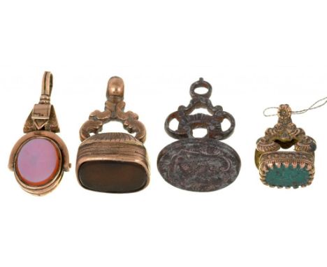 18THC STEEL FOB SEAL WITH CREST INTAGLIO, TWO 19THC BASE METAL FOB SEALS, AND AN EARLY 20THC GOLD & HARDSTONE SET SWIVEL SEAL