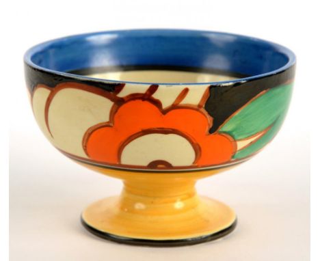 CLARICE CLIFF. AN A. J. WILKINSON WILD ROSE PEDESTAL SUGAR BOWL, C1930, 9CM D, PRINTED FANTASQUE MARK ++GOOD CONDITION 