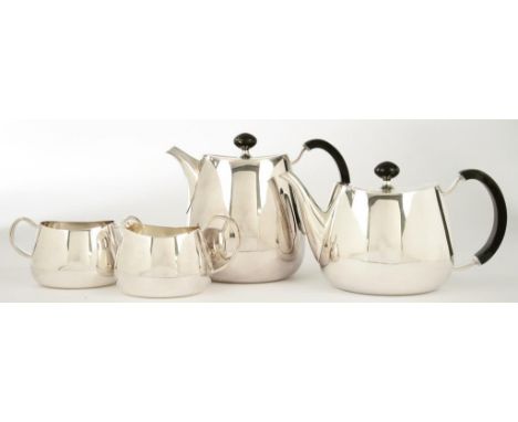 DAVID MELLOR. A WALKER AND HALL PRIDE TEA SERVICE, DESIGNED 1958, THE POT AND COVERS WITH BLACK NYLON HANDLE AND KNOP, JUG AN