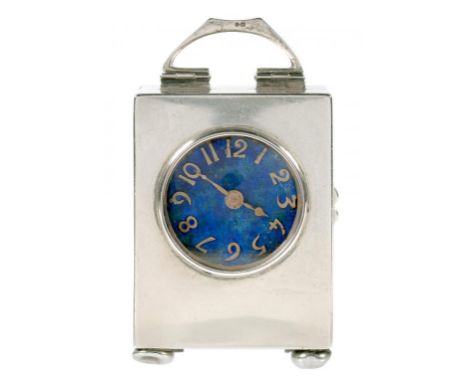 A LIBERTY AND CO MINIATURE SILVER AND ENAMEL TIMEPIECE, THE PLAIN RECTANGULAR CASE WITH INSET TRANSLUCENT ENAMEL DIAL AND GIL