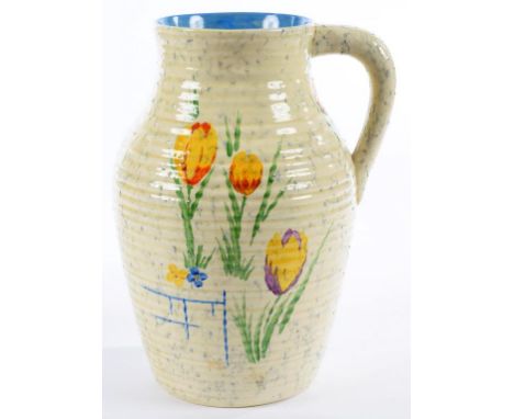 CLARICE CLIFF. AN A. J. WILKINSON PATINA TULIP LOTUS JUG, 1932-3, 29CM H, PRINTED BIZARRE MARK ++GOOD CONDITION, NO RESTORATI