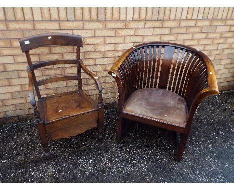 A good quality wood tub chair with leather upholstered seat and a commode chair. [2]