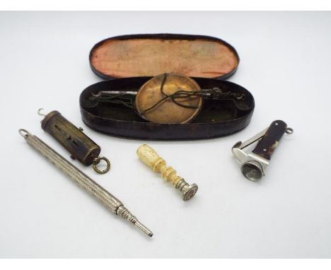 Mixed collectables to include small set of scales, bone handled seal stamp, cigar cutter, chatelaine multi tool and similar.