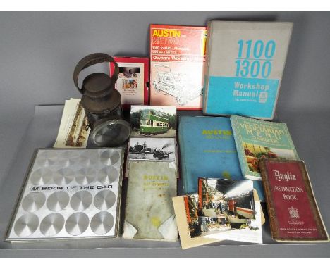 Lot to include a photograph album containing photographs of vintage transportation, trains, trams etc, automotive related pub