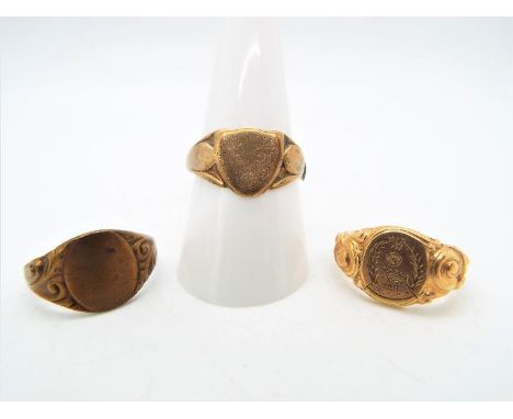 Scrap Gold - A 9ct gold ring (A/F), approximately 3 grams and two further rings marked Gold Shell.