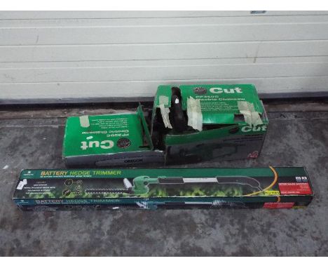 An Oregon PP350C electric chainsaw and a Gardenline battery hedge trimmer. [2]