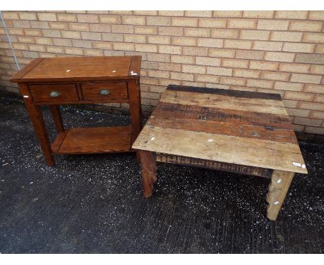 A twin drawer console table measuring approximately 75 cm x 80 cm x 40 cm and a pine, square top coffee table. [2]